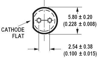 Obrázok znázorňuje technický výkres okrúhlej komponenty s rozmermi v milimetroch (priemer 5,80 mm, vzdialenosť 2,54 mm). Označenie: 'CATHODE FLAT'.