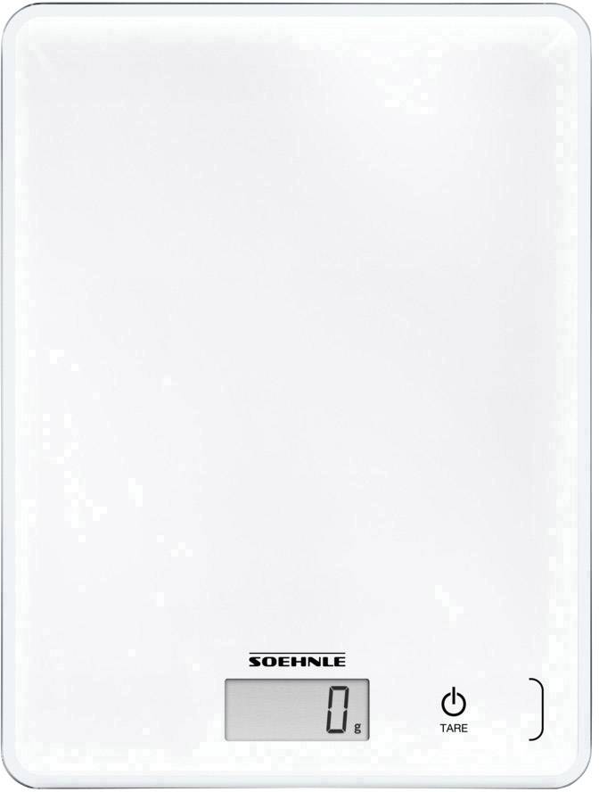 Biela digitálna kuchynská váha so zobrazením '0 g', s názvom značky 'Soehnle', jeden dotykový ovládač je viditeľný.