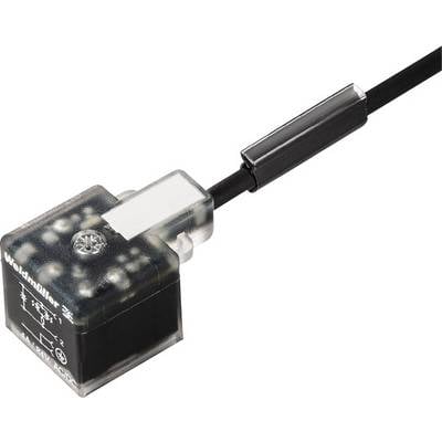 Štvorcový senzor s priehľadným krytom a čiernym káblom. Senzor zobrazuje technické symboly a značku Weidmüller.
