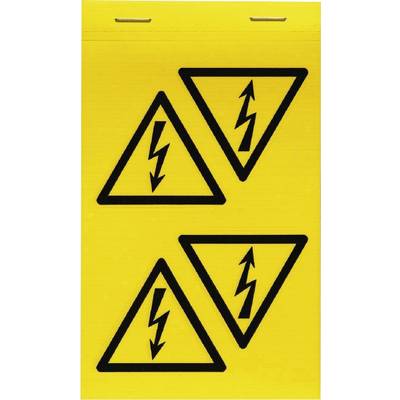 Žlté výstražné znamenie so štyrmi čiernymi trojuholníkmi, ktoré obsahujú symboly blesku. Výstraha pred elektrickým nebezpečenstvom.