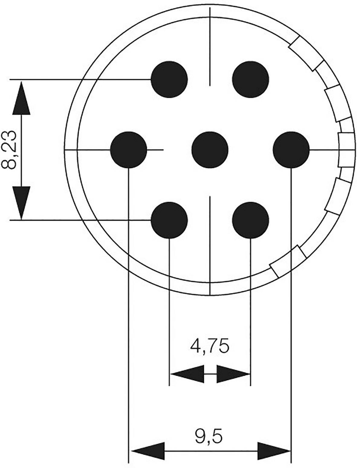 Technický výkres: Kruhový konektor so siedmimi kontaktmi. Priemer je 8,23 mm. Vzdialenosť kontaktov: 4,75 mm a 9,5 mm.