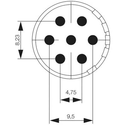 Technický výkres: Kruhový konektor so siedmimi kontaktmi. Priemer je 8,23 mm. Vzdialenosť kontaktov: 4,75 mm a 9,5 mm.