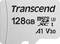 Sivá mikroSD karta Transcend s kapacitou 128 GB. Označená ako 'microSD XC I' so symbolmi rýchlosti a triedy: U3, A1, V30.