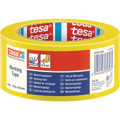 Žltá značkovacia páska od Tesy, 33 metrov x 50 mm, na obale je symbol s nápisom '0,15 mm'.