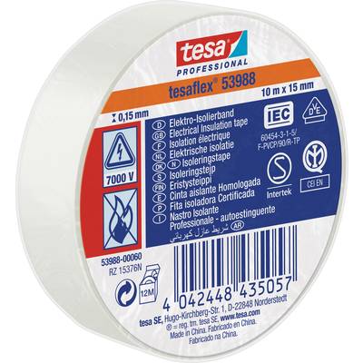 Biela elektrická izolačná páska značky Tesa, 10 m dlhá, 15 mm široká, napätie 7000 V, certifikovaná CE a IEC, trvanlivosť 12 mesiacov.