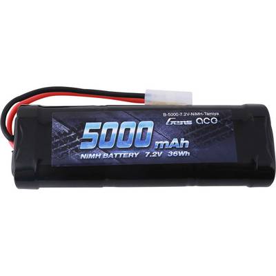 Čierny NiMH akumulátor s modrým nápisom '5000 mAh', napätím 7,2V a energiou 36Wh. Kábel a konektor sú viditeľné.