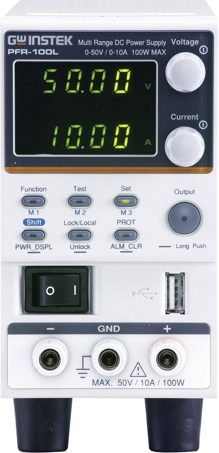Napájací zdroj GW Instek Multi Range DC PFR-100L zobrazuje napätie 50,00 V a prúd 10,00 A, s viacerými funkciami a prípojkami.