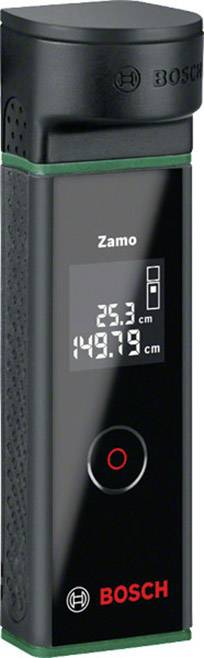 Laserový diaľkomer Bosch Zamo s digitálnym displejom zobrazuje 25,3 cm a 149,79 cm. Čierny dizajn s červeným tlačidlom.