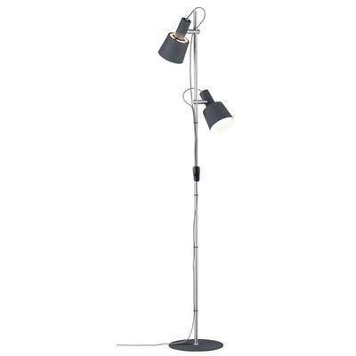 Stojanová lampa s dvomi nastaviteľnými čiernymi tienidlami na striebornom stojane, vhodná do interiéru.