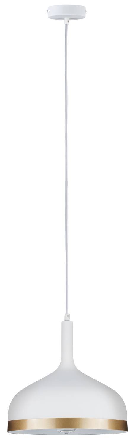 Biela závesná lampa so zlatým prsteňom na báze a dlhým káblom vedúcim ku stropu. Ideálna pre moderné interiéry.