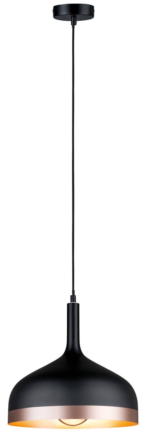 Čierna závesná lampa s okrúhlym tienidlom a zlatým vnútorným priestorom. Zavesená na tenkom kábli. Moderný, minimalistický dizajn.