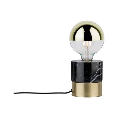 Stolová lampa s guľovitým, transparentným svetelným telesom a čiernym mramorovým podstavcom na zlatej základni.
