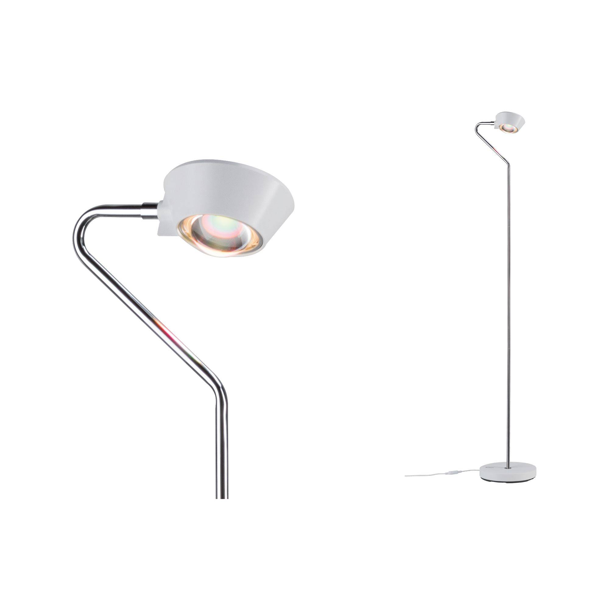 Stojacia lampa s moderným, ohnutým kovovým rámom a nastaviteľným tienidlom v bielej farbe.