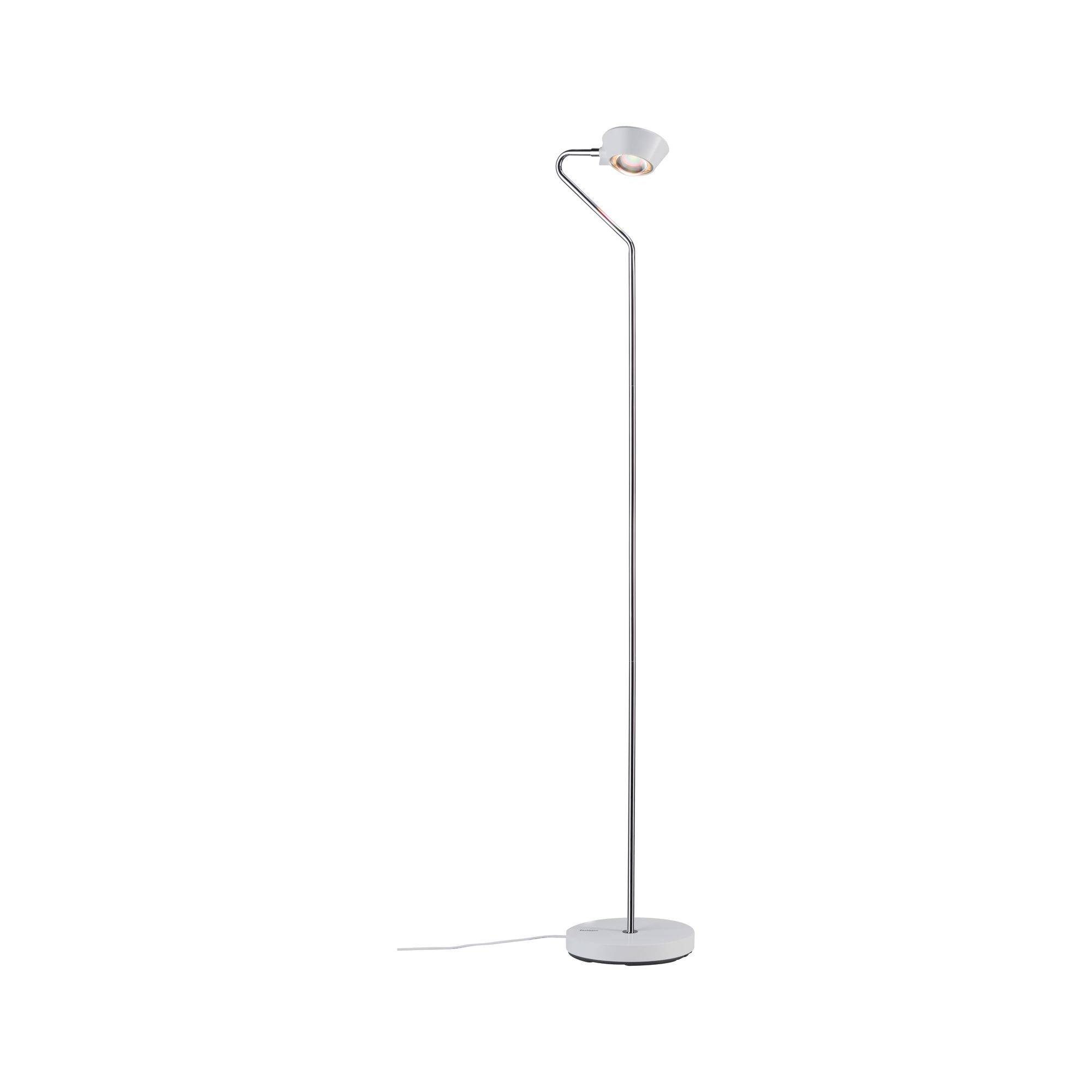 Stojanová lampa s moderným dizajnom, štíhly stojan a okrúhle tienidlo, vhodná do čitateľských kútikov alebo pracovných priestorov.
