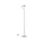 Stojacia lampa s elegantným, zakrivený kovovým stĺpikom a guľatou svetelnou hlavou. Minimalistický dizajn, strieborný povrch.