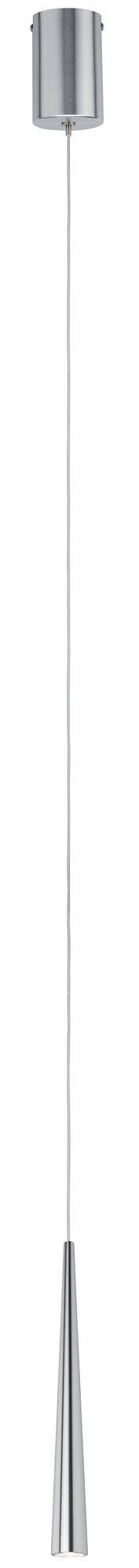 Strieborná, valcovitá závesná lampa s dlhým káblom a štíhlym, zužujúcim sa spodkom. Moderný dizajn do interiéru.