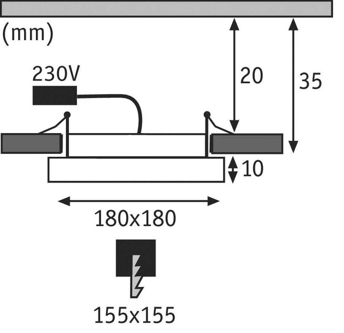 Diagram znázorňuje elektrické zapojenie. Kábel je označený '230V'. Rozmery: 180x180 mm, 155x155 mm, výšky 20 mm a 35 mm.