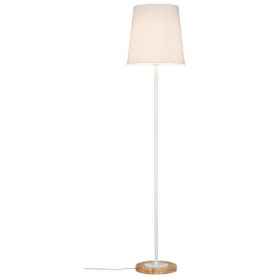 Stojanová lampa s bielym tienidlom a drevenou základňou, vhodná na osvetlenie miestnosti.
