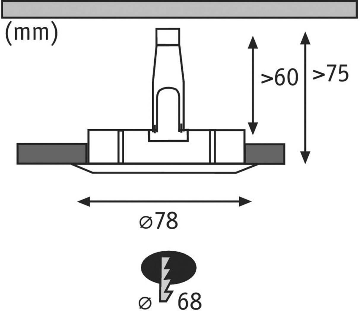 Diagram zobrazuje rozmery svietidla: priemer 78 mm, montážna hĺbka viac ako 60 mm, celková hĺbka viac ako 75 mm, stupeň krytia IP68.