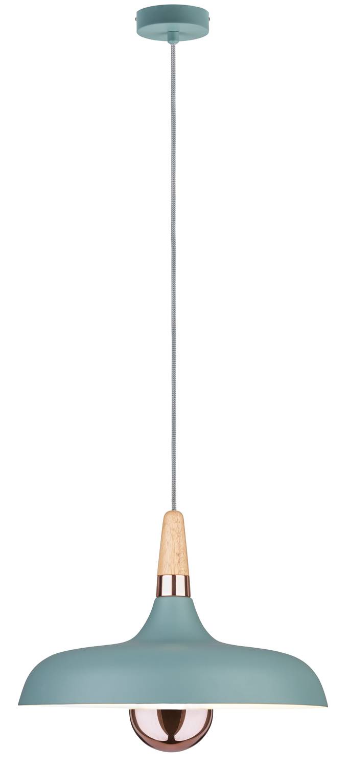 Závesné stropné svietidlo s tyrkysovým tienidlom, dreveným akcentom a medeno-hnedou objímkou žiarovky.