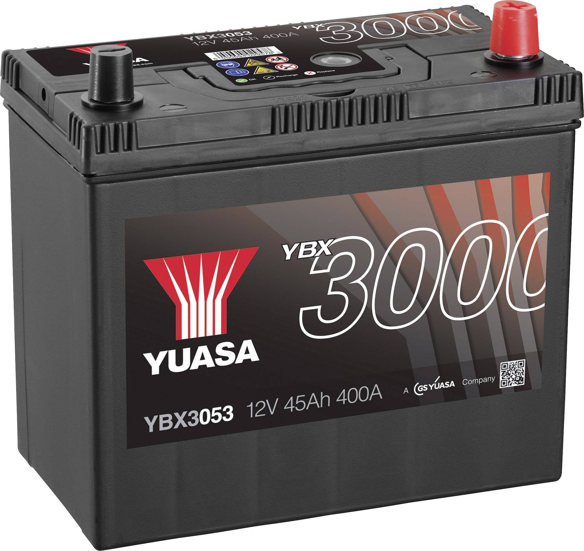 Čierna autobatéria so červeným a čiernym vývodom; značka Yuasa, model YBX3053, 12V 45Ah 400A, znázornená na výrobnom štítku.