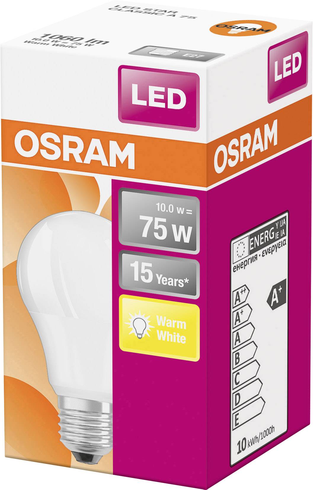 „OSRAM LED žiarovka, 10 wattov, ekvivalent 75 wattov, teplá biela, energetická trieda A+, životnosť 15 rokov, 10 kWh/1000h."