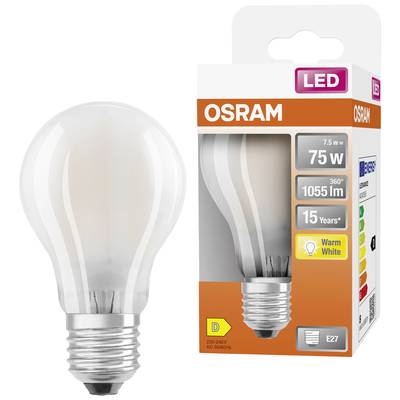Žiarovka a obal značky. LED 7,5 W; nahrádza 75 W; 1055 lm; teplá biela, životnosť 15 rokov; energetická trieda D.