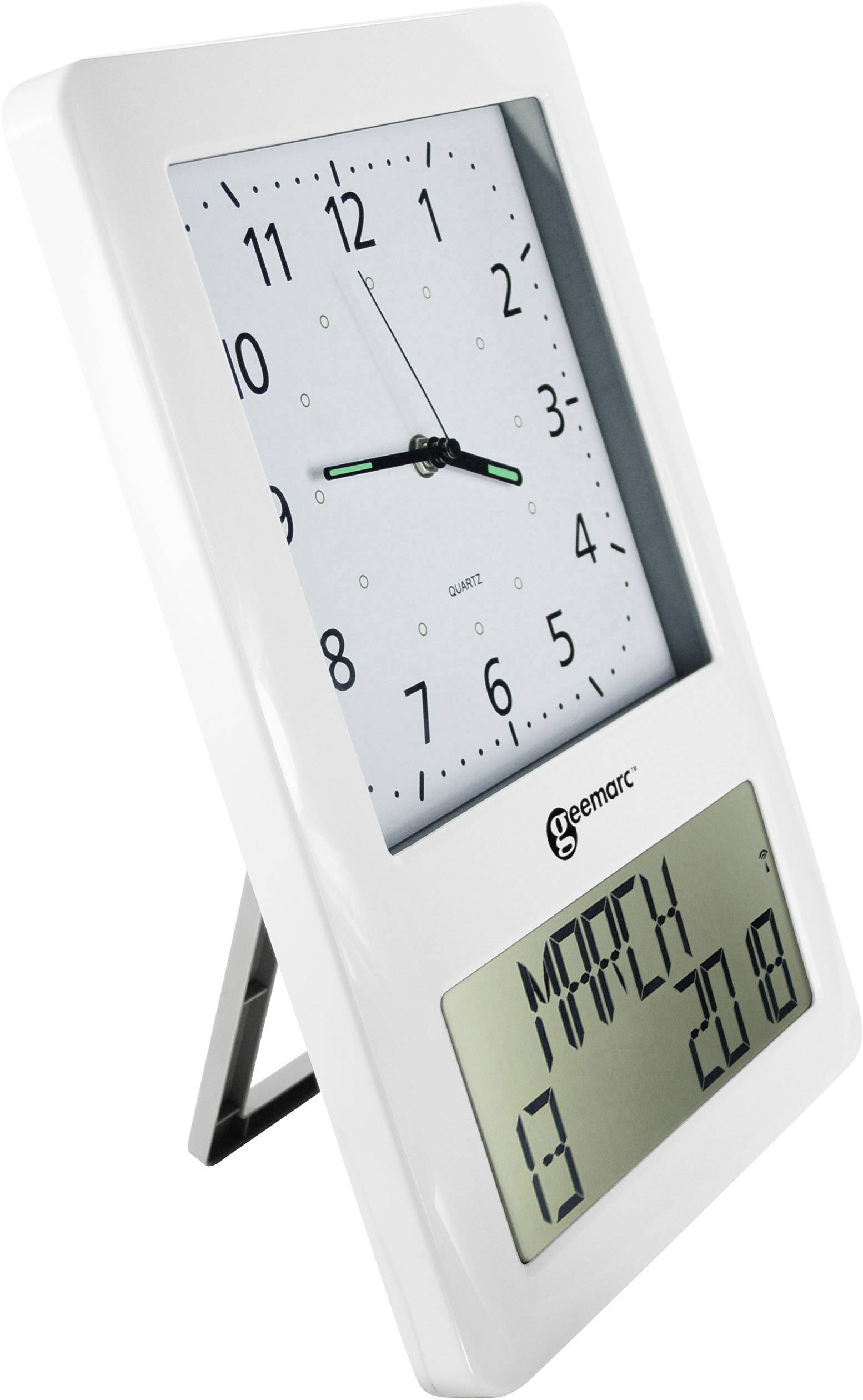 Biele analógové a digitálne stolové hodiny ukazujú 12:00 a dátum '13. marca 2018'.