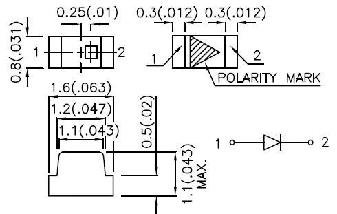 Technický diagram znázorňuje rozmery a symboly elektronickej súčiastky vrátane značenia polarity. Symbol obvodu napravo spája bod 1 a 2.