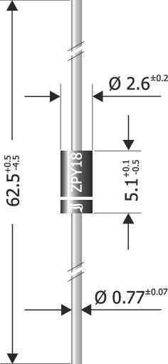 Elektronická súčiastka, axiálneho dizajnu, označená ako ZP Y18. Priemer vľavo a vpravo: 2,6 mm a 0,77 mm, dĺžka: 5,1 mm.