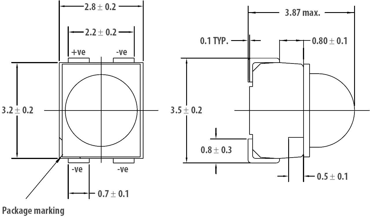 Elektronický diagram súčiastky s rozmermi v mm. Zobrazuje pohľad spredu a z boku štvorcového modulu so zaklenutou komponentou.