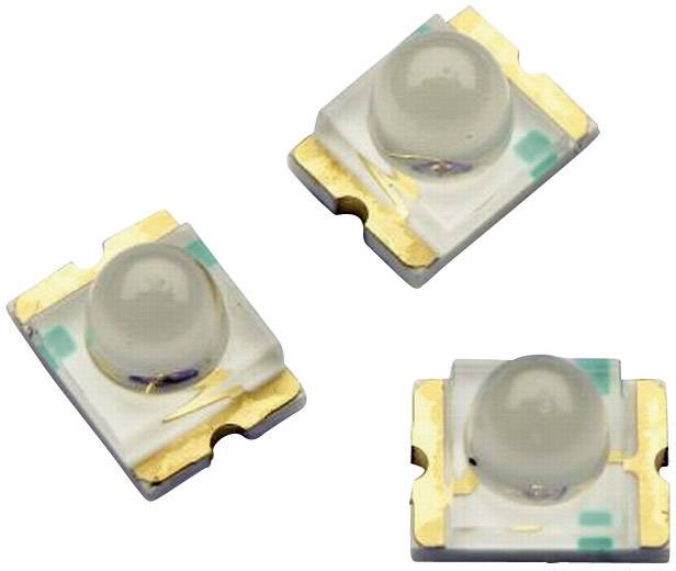 Tri malé LED čipy s krytmi na bielej platforme, každý so zlatými kontaktmi v rohoch.