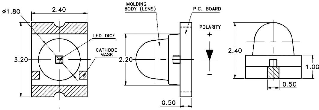 Technický výkres LED s rozmermi: priemer 3,2 mm, výška 2,4 mm, polarita označená, katódová maska zvýraznená.
