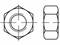 Technický výkres šesťhrannej matice, pohľad zhora vľavo a bočný pohľad vpravo, s osovým krížom na centralizáciu.