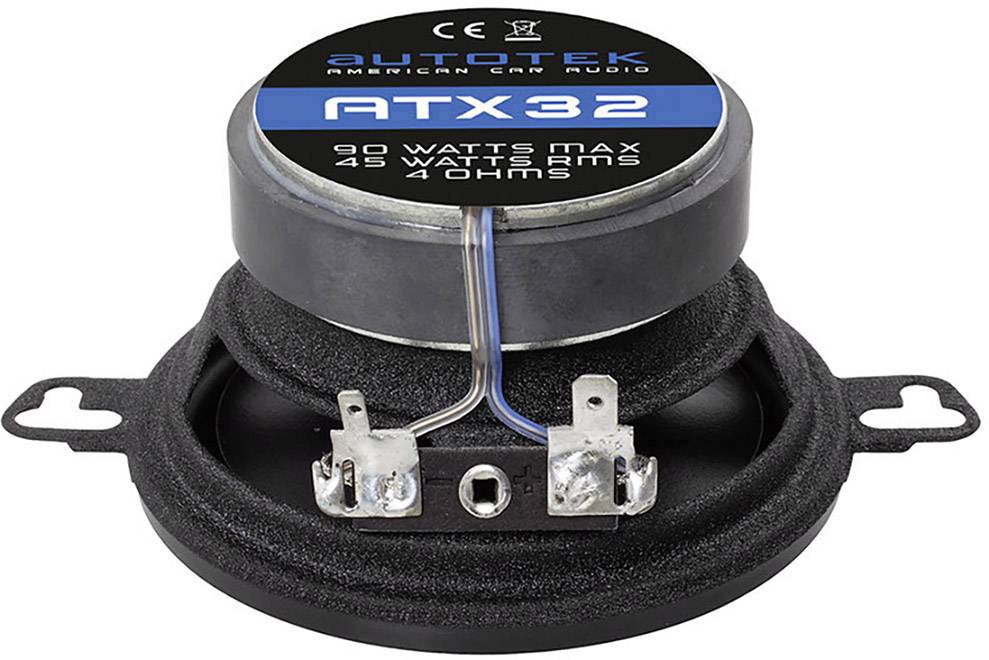 Reproduktor Rundes Autotek modelu ATX32, max. 90 W, RMS 45 W, 4 Ohm, čierne púzdro, kovový rám, pripájacie vodiče viditeľné.