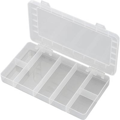 Priehľadný plastový box s viacerými priehradkami, vhodný na uskladnenie malých predmetov alebo náradia.