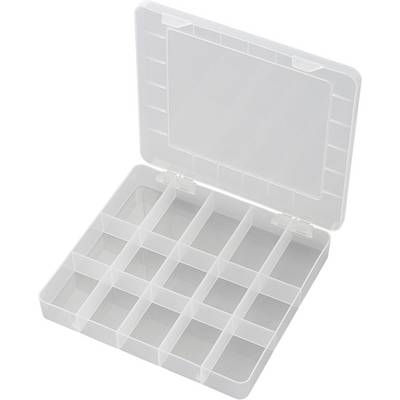 Priehľadný plastový úložný box s 15 priehradkami, ideálny na organizáciu malých predmetov.