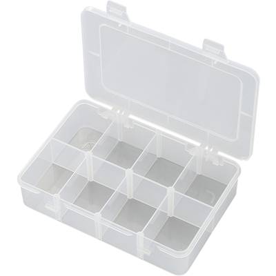 Plastový box s otvoreným vekom, deväť rovnako veľkých priehradiek, transparentný materiál. Ideálny na uskladnenie malých predmetov.