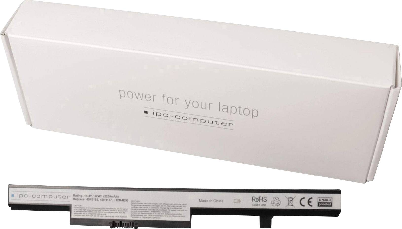 Laptop batéria pred bielym obalom, označená nápisom 'energia pre váš laptop'. Batéria obsahuje technické informácie a certifikácie.