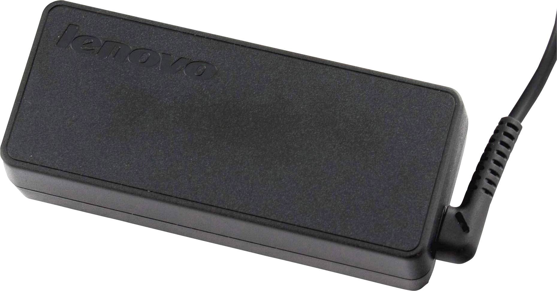 Napájací adaptér pre notebook Lenovo, obdĺžnikový, čierny, s pripojeným sieťovým káblom.