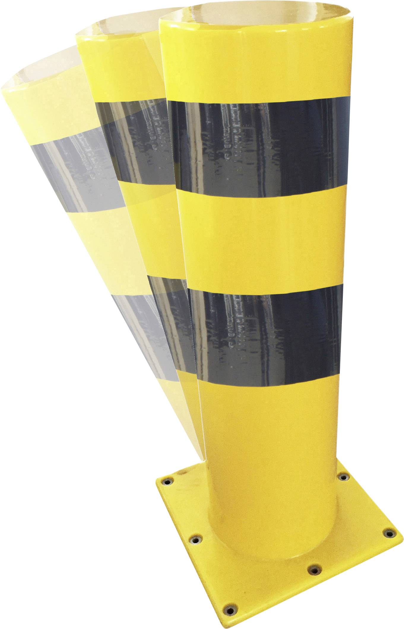 Žlto-čierny stĺpik s pohyblivým dizajnom na ochranu pred nárazom. Robustný a odolný, vhodný pre použitie v dopravných zónach.