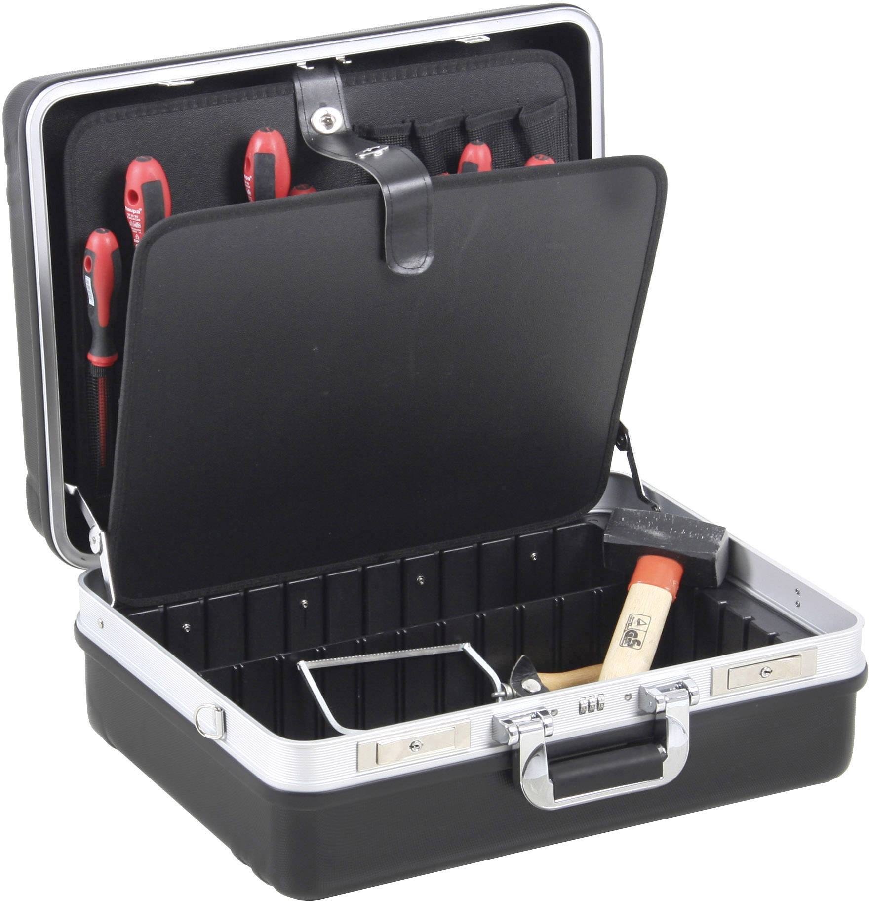 Otvorený kufrík s náradím s rôznymi nástrojmi vrátane skrutkovačov a kladiva, usporiadaný v priehradkách.