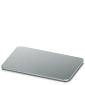 Moderný, tenký trackpad v striebornej farbe na bielom pozadí. Je obdĺžnikový so zaoblenými rohmi a minimalistickým dizajnom.