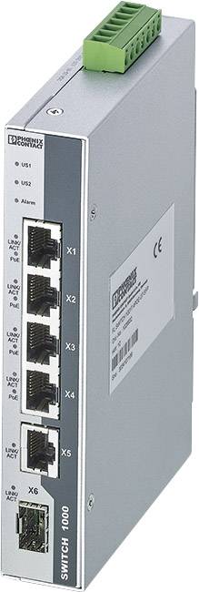 Priemyselný ethernetový switch so šiestimi portami, z toho päť RJ45 portov a jeden optický port, vhodný pre sieťové pripojenia.