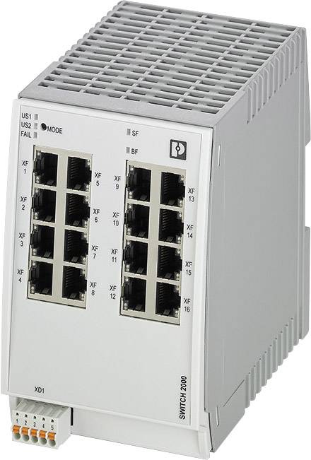 Sieťový prepínač so 16 ethernetovými portami, sivý kryt; slúži na prepojenie viacerých sieťových zariadení. Pripojenia viditeľné v popredí.