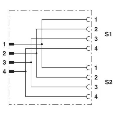 Schéma zapojenia s dvoma spínačmi (S1, S2), každý so štyrmi prípojkami (1-4). Prepájacie čiary zobrazujú elektrické obvody a prepojenia.