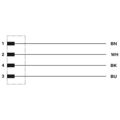 Diagram zapojenia: Pin 1 - hnedá, Pin 2 - biela, Pin 4 - čierna, Pin 3 - modrá.