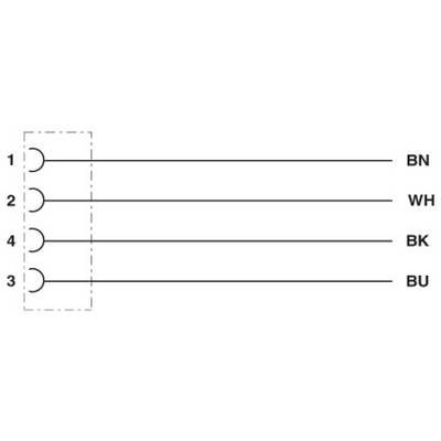 Elektrická schéma: Štyri horizontálne vedenia označené 1-hnedá, 2-biela, 4-čierna, 3-modrá, znázornené v numerickom poradí.