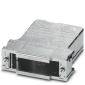 Malý, obdĺžnikový, strieborný kovový adaptér s dvoma otvormi na skrutky na upevnenie.