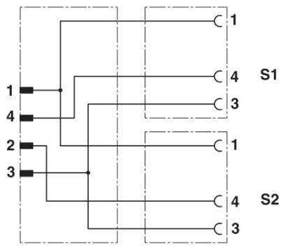 Diagram dvojpólového prepínača: Spojovacie body 1, 2, 3 a 4 sú pripojené k S1 a S2. Schéma znázorňuje spôsob prepínania.